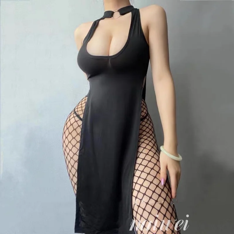 

Cosplay Lingerie Hot Clubwear Plus Size Women Sexy Dress Reversible Erotic Halter Bodycon Dress High Waist Slit Skirt Porn Sexy