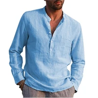 mens long sleeved shirts 2022 new summer solid color stand up collar casual beach style tops100 cotton linen casual shirts