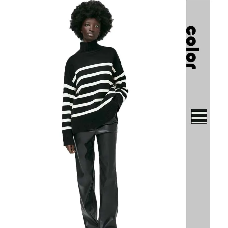 

Women's Sweaters 2022 Autumn and Winter Women's New Striped Knitwear Half-high Collar Loose Long-sleeved Knitted Pullover