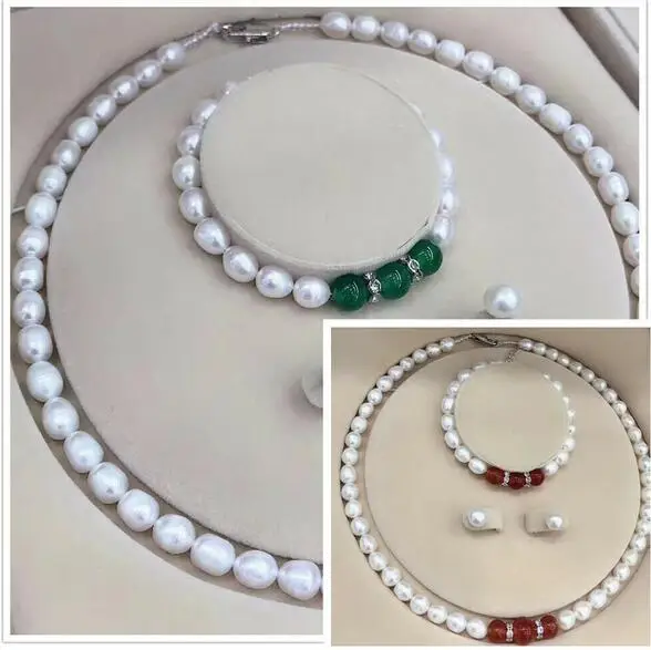 

Rice 8-9mm White Pearl & Round Red /Green Jade Beads Necklace + Bracelet +Earrings Set