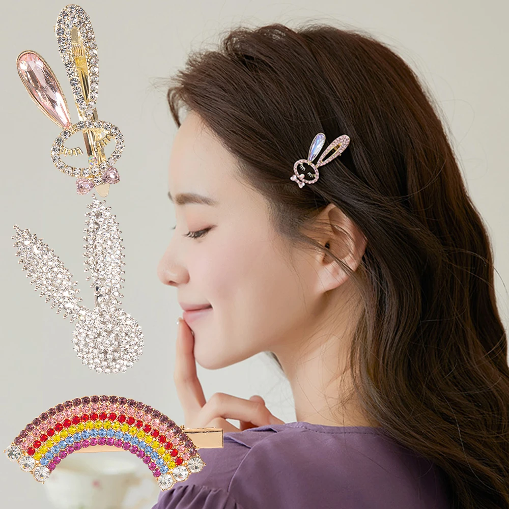 

New Rhinestones Rabbit Pearl Hair Clip Hairpins For Women Hair Accessories Crystal Duckbill Girls Barrettes Jewelry Headdress