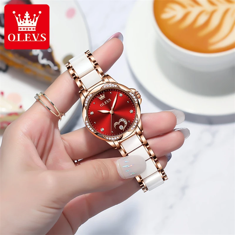 OLEVS Top Brand Luxury Ceramic Mechanical Watches Womens Fashion Diamond Luminous Waterproof Simple Automatic Watch For Women