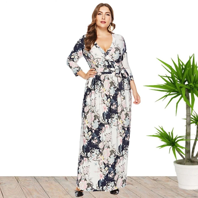 

Размера плюс женский, с цветочным принтом, в стиле бохо, Осенний