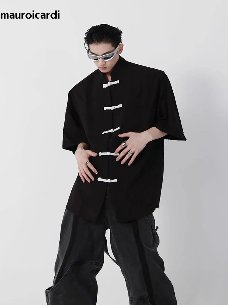 

Mauroicardi Summer Cool Loose Vintage Black Shirts for Men Short Sleeve Shoulder Pads Luxury Designer Chinese Style Clothes 2023