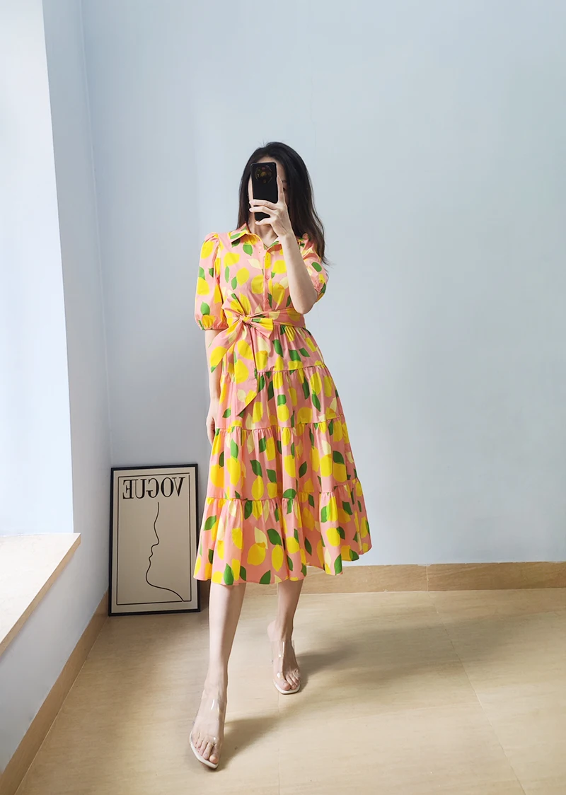 Yellow Lemon Printed Belted Waist Shirt Midi Dress US 2-US 10