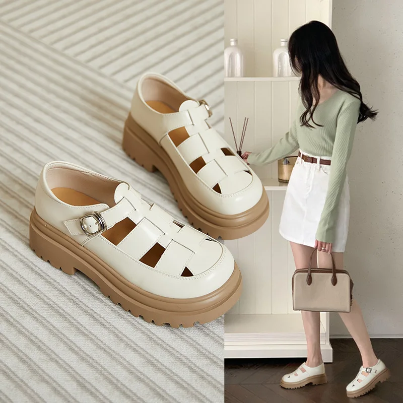 platform splite leather Women sandals hollowed Roman sandals