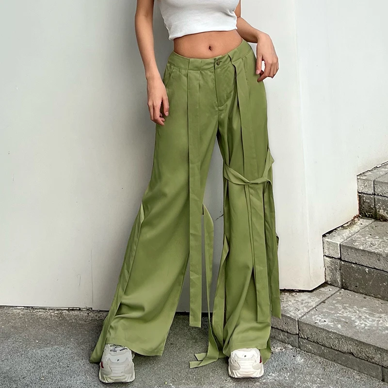 

Женские длинные брюки Goth в стиле хип-хоп, повседневные однотонные широкие брюки со средней талией и лентами в стиле пэчворк