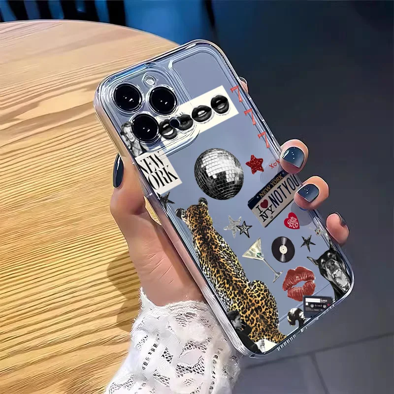 Trendy Disco Ball Leopard Phone Case for IPhone 16 15 14 13 12 11 Mini Pro Max X XR XSMax 7 8 Plus Transparent Soft TPU Cover