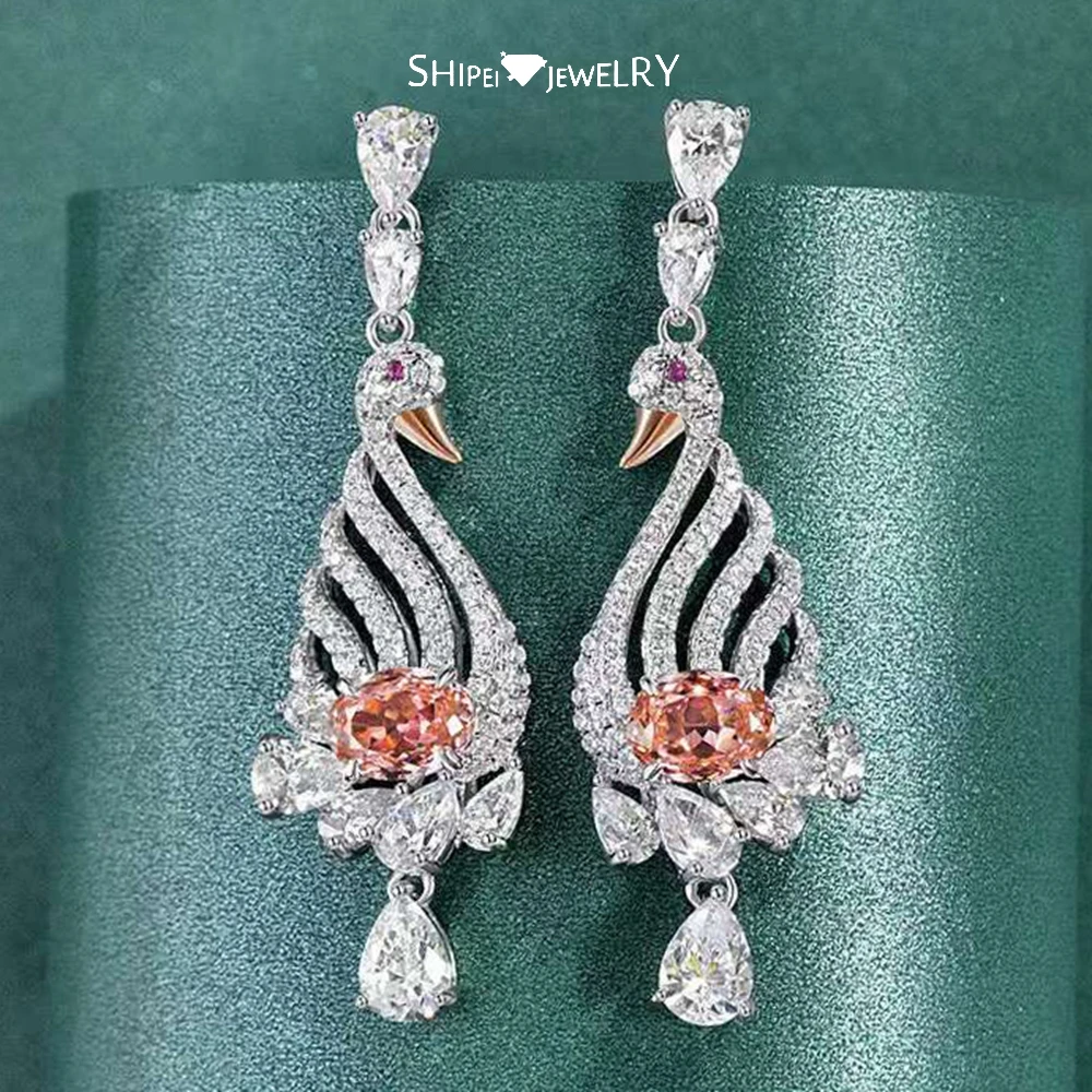 

Shipei Vintage 925 Sterling Silver 2CT Created Moissanite Padparadscha Gemstone Swan Dangle Earrings For Women Fine Jewelry Gift