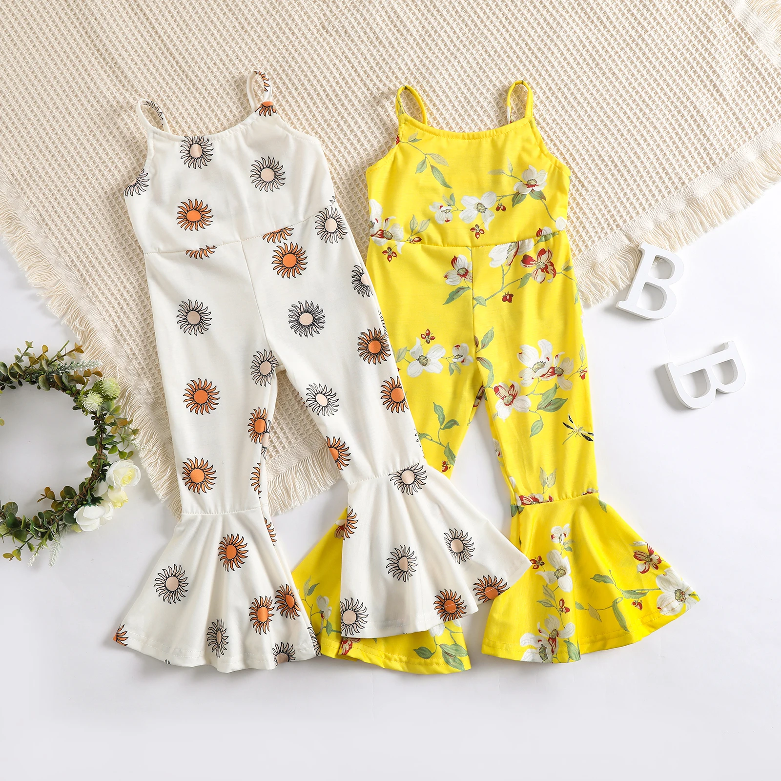 

Fashion Little Kids Girls Casual Suspender Jumpsuits Sleeveless Halloween Flower Print Paysuits Flare Pants Child Summer Clothin