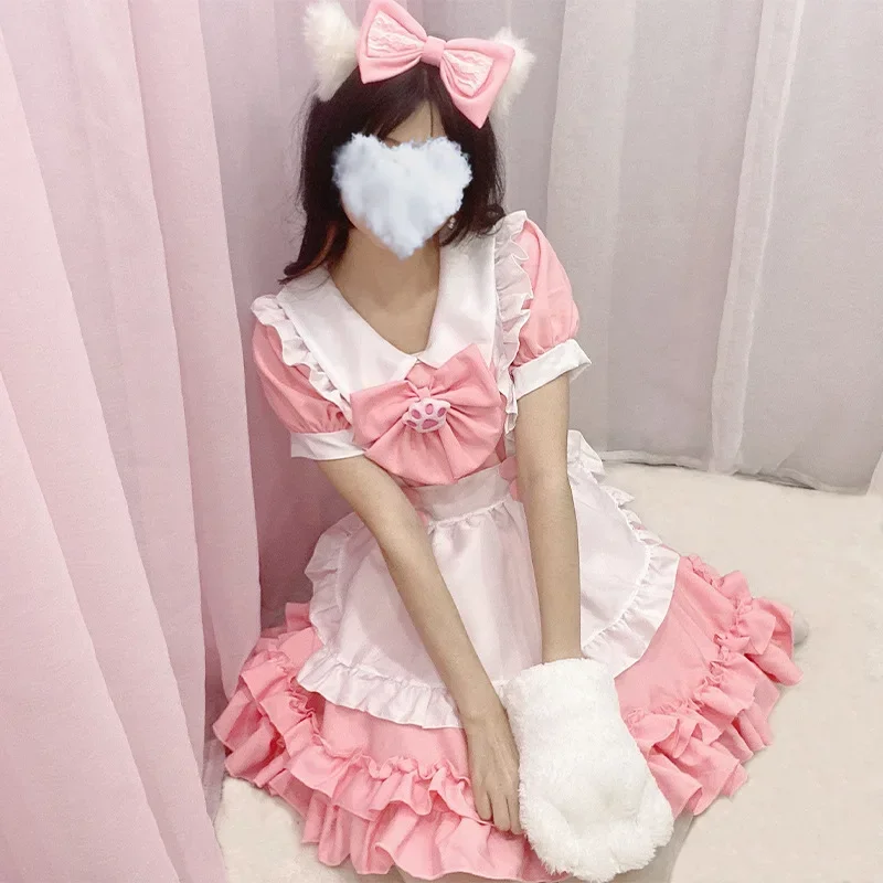Фото Cosdea студенческие костюмы Лолиты для косплея Kawaii кошачья лапа розовый бант фартук наряды горничной кружевное праздничное платье принцессы с оборками японский Clo №2
