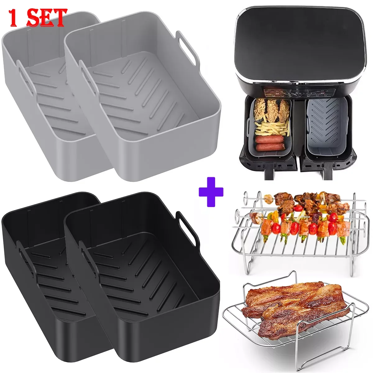 

8Pcs Air Fryer Accessories Set Air Fryer Silicone Pot Liner Oven Baking Tray Steamer Grilling Rack Compatible with Ninja