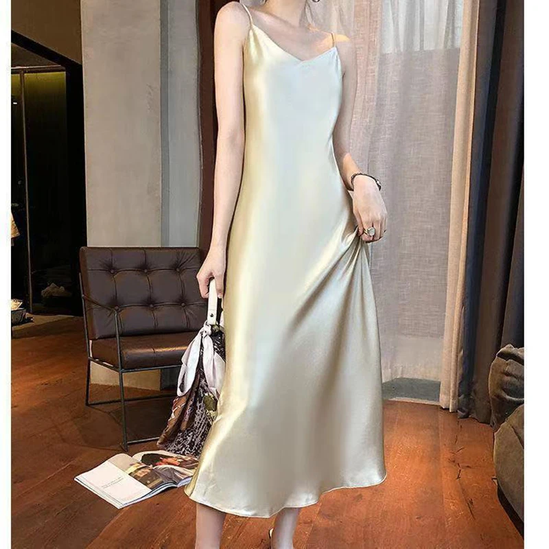 Sleeveless High Waist Suspender Dresses Satin Long Dress Women Summer Solid Color 2023 New Sexy Clothing Casual Elegant Office