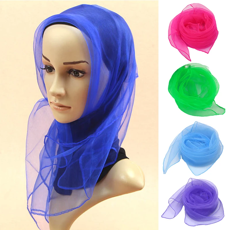 

Women Colorful Thin Silk Scarves Solid Color Chiffon Square Shinny Scarf 70*70cm Sun Protection Transparent Organza Scarf