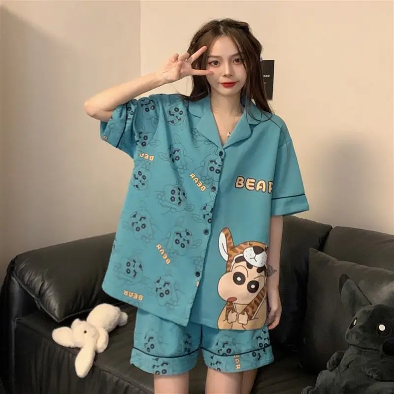 Kawaii Crayon Shinchan Pajamas Women's Summer Print Lapel Thin Short Sleeve Shorts Homewear Set Women's Sleep & Lounge