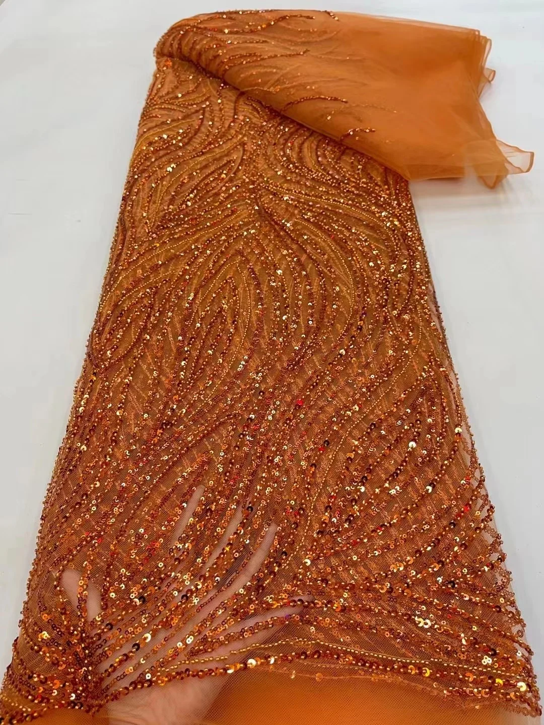 

Orange Luxury Handmade Beaded Lace with Sequins African Lace Fabric 2022 High Quality Nigerian Mesh Lace for Dress