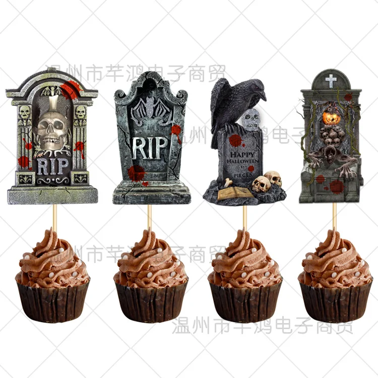 

48pcs Halloween Cupcake Toppers Tombstone Cake Inserted Cards Party Cake Decor