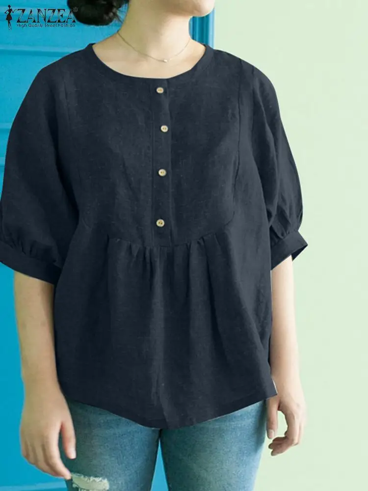 

Женская модная Свободная блузка ZANZEA с круглым вырезом и пышными рукавами, однотонная блузка с пуговицами спереди, Женская Повседневная элегантная пляжная сорочка, 2023