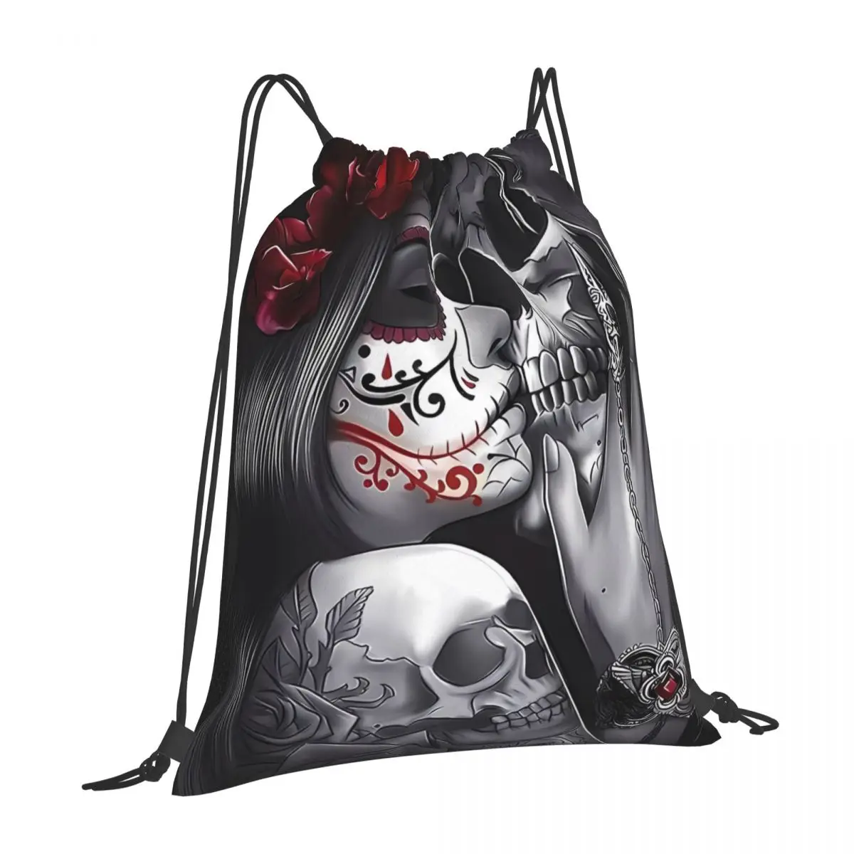 

Kissing Skulls Retro Drawstring Bags Perfect For Vintage Enthusiasts Ideal For School Camping And Outdoor Excursions