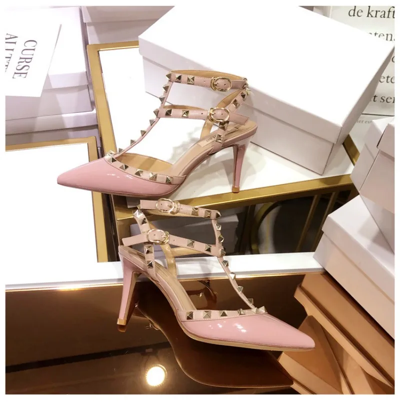 Women's Shoes Summer 2023 Genuine Leather Brand Shoe Gladiator Sandals Shoes Sexy Luxury Rivet Pointed High-heeled Sandals