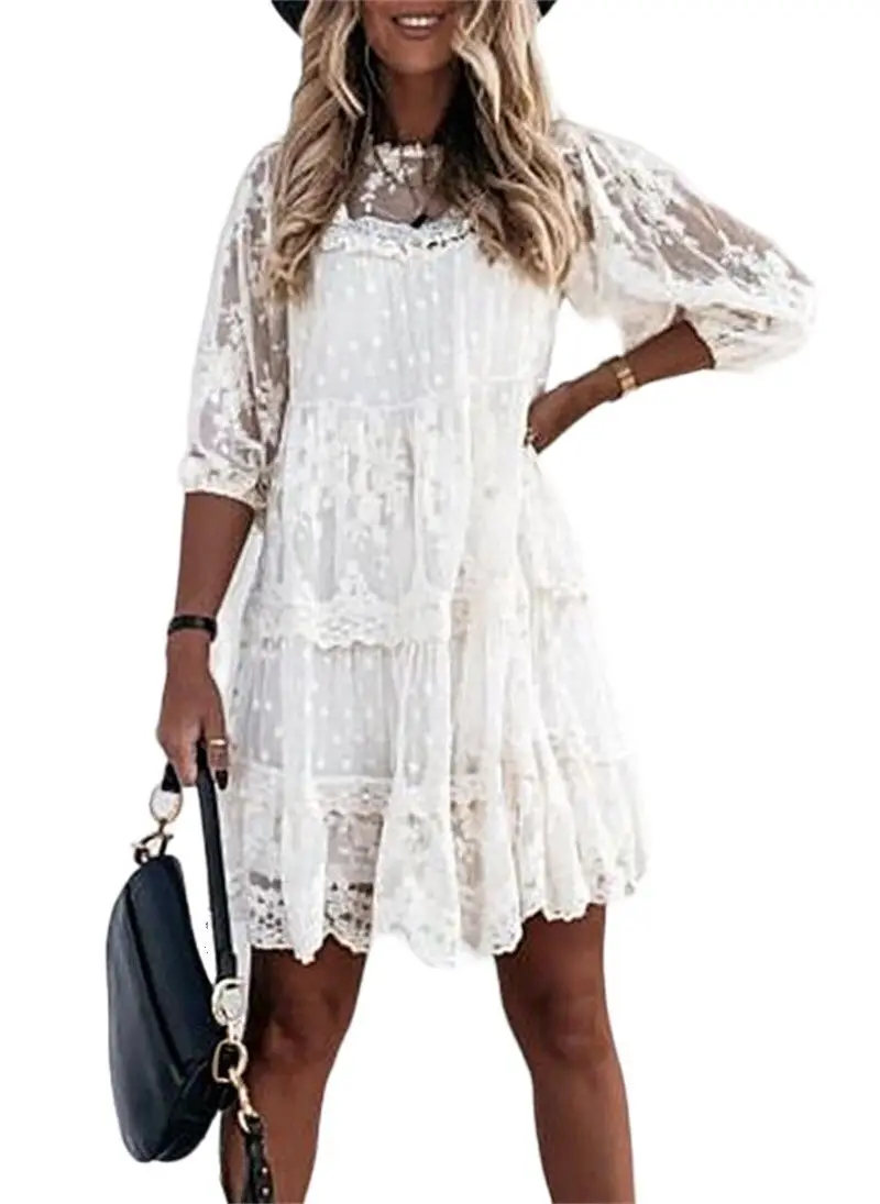 

Women Summer Solid Color Splicing Lace Embroidery Three-quarter Sleeve Elegant Loose Fitting