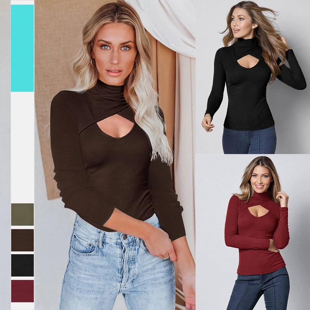 Ribber Knitted Turtleneck Top Women Hollow Out Casual Long Sleeve T Shirt Skinny Autumn Winter Slim Tee Lady Clothing