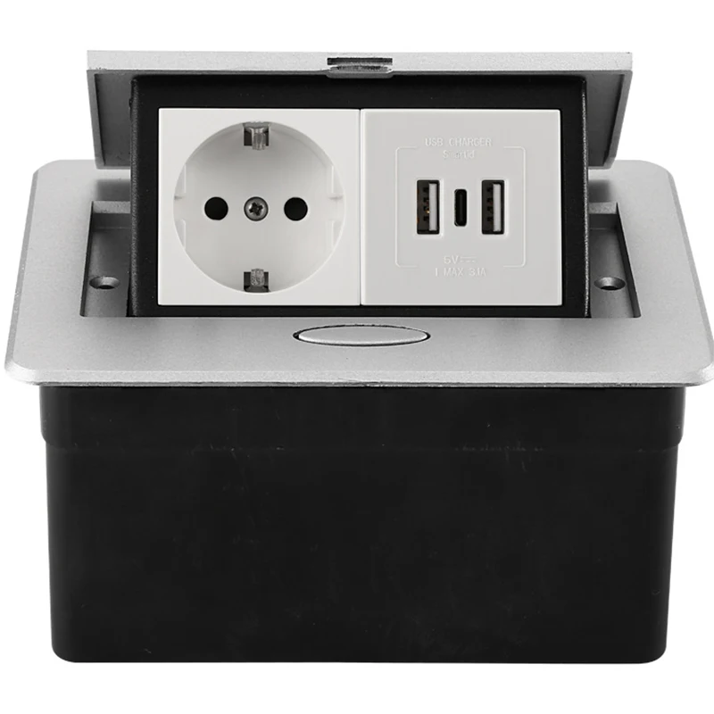 

Desktop Pop Up Socket with 1 EUR Outlets Receptacle & 2 USB Ports 1 Type-c Connection Box Desktop Pop Up Outlet
