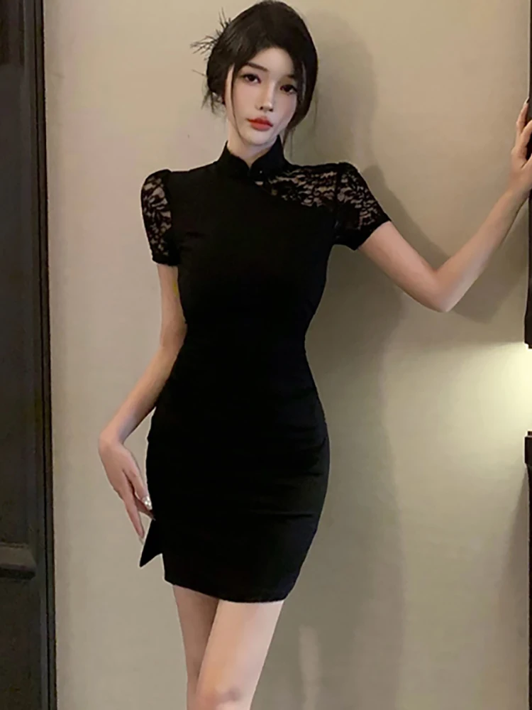 Новинка 2024 черное кружевное ажурное сексуальное Клубное платье в стиле пэчворк