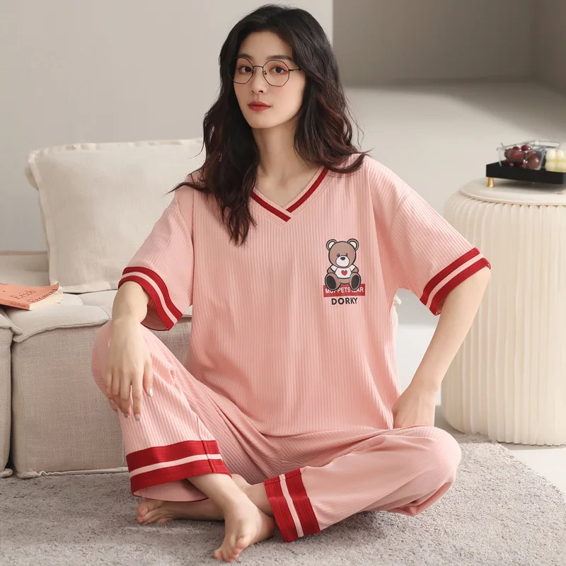 2022 Spring Summer Fashion Women's Casual Lovely Striped Sleepwear Homewear Pajamas Women Set With Calf-Lenght Pants Bear