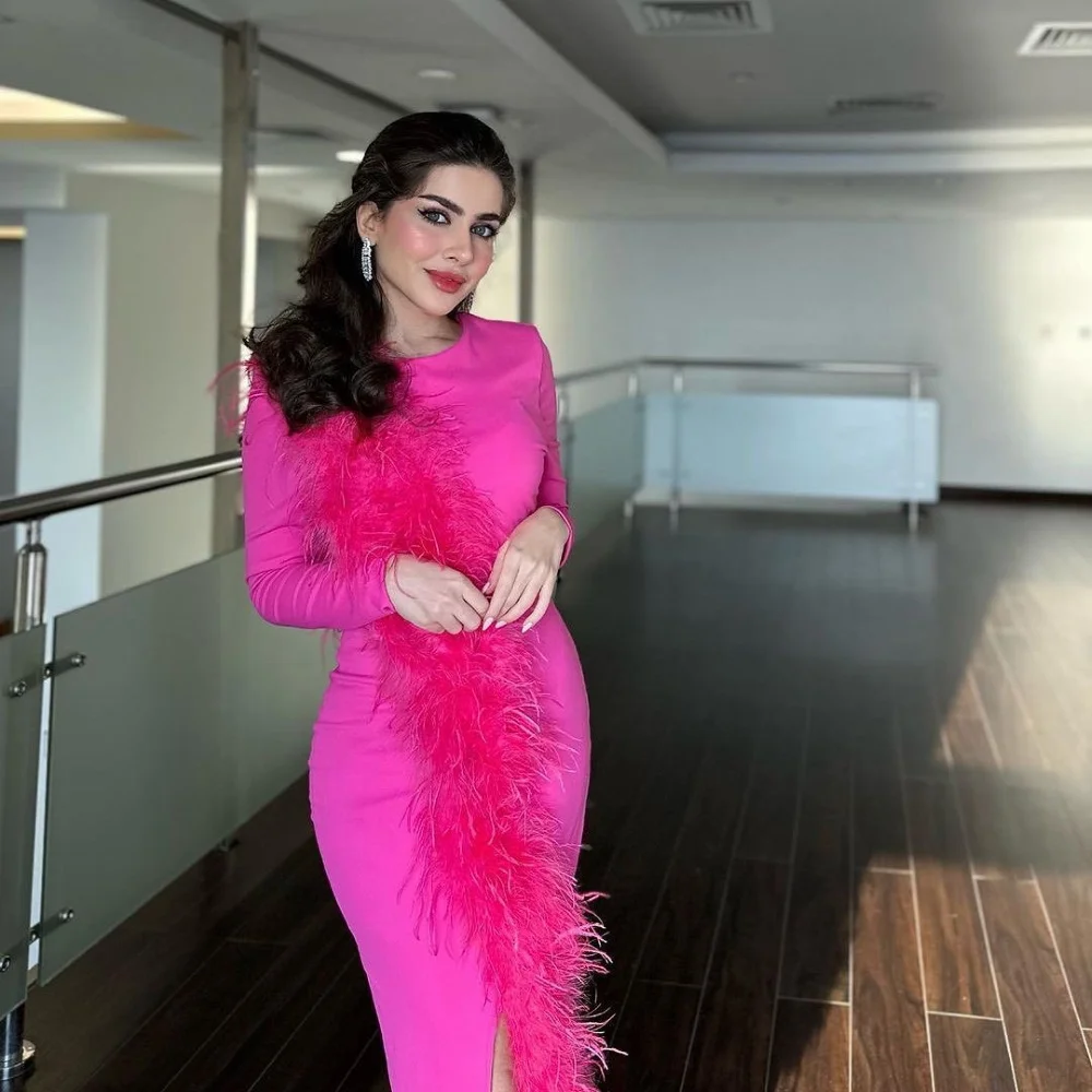 

Saudi Arabia Ankle-Length Trumpet Formal Occasion Elegant Purple Feathers O-Neck Evening Dress Cocktail Gown For Sexy Women 2023