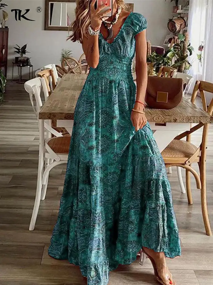 

Bohemian Vintage Empire Long Dresses Women Elegant Floral Print V Neck Vestidos Holiday Pleated Casual Big Swing Robe 2023 New