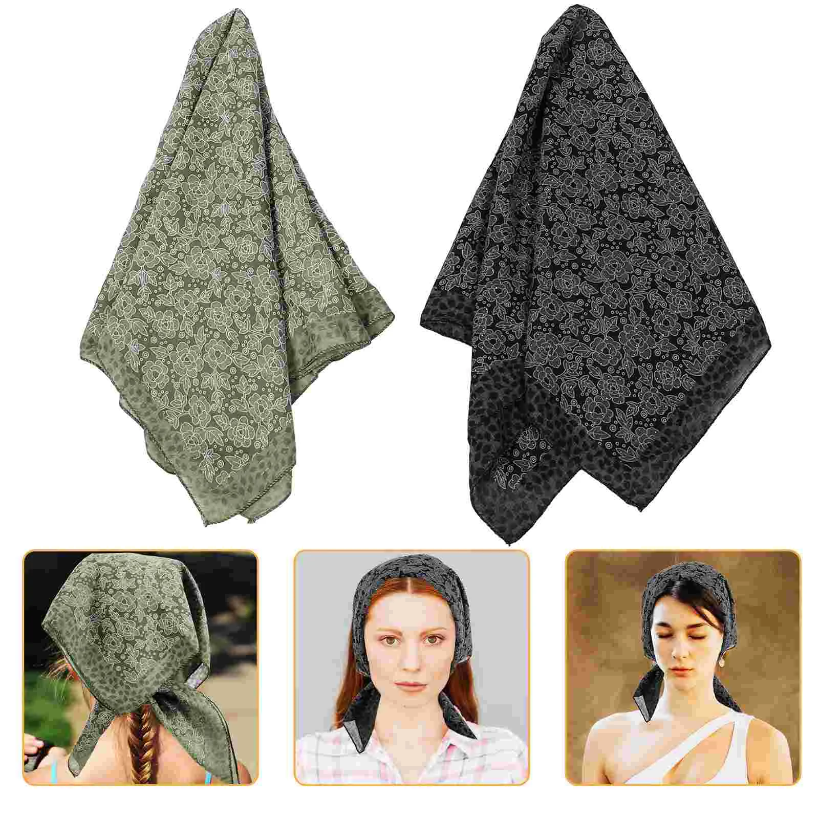 

2 pcs Decorative Hair Scarf Flower Pattern Head Scarf Women Head Scarves Square Head Scarf