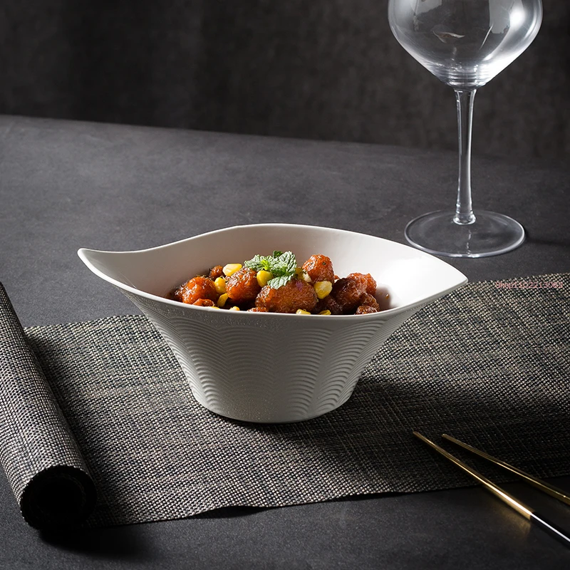 

Special-shaped La Pasta Soup Japanese Ceramic Tableware Household Rice Creative White Pickled Cabbage Fish Large Basin Bowl