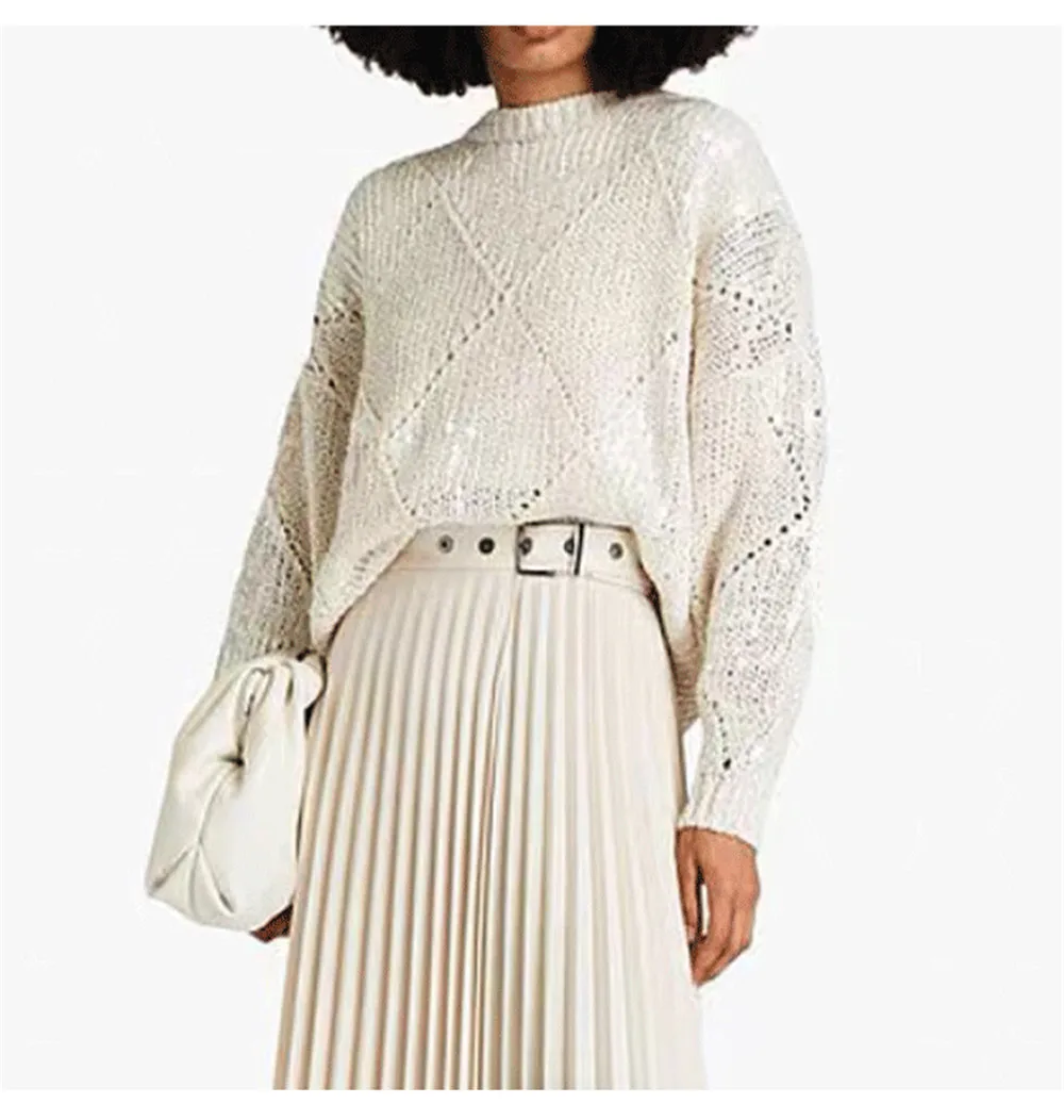 Пуловер из хлопка и льна для женщин вязаный свитер с блестками