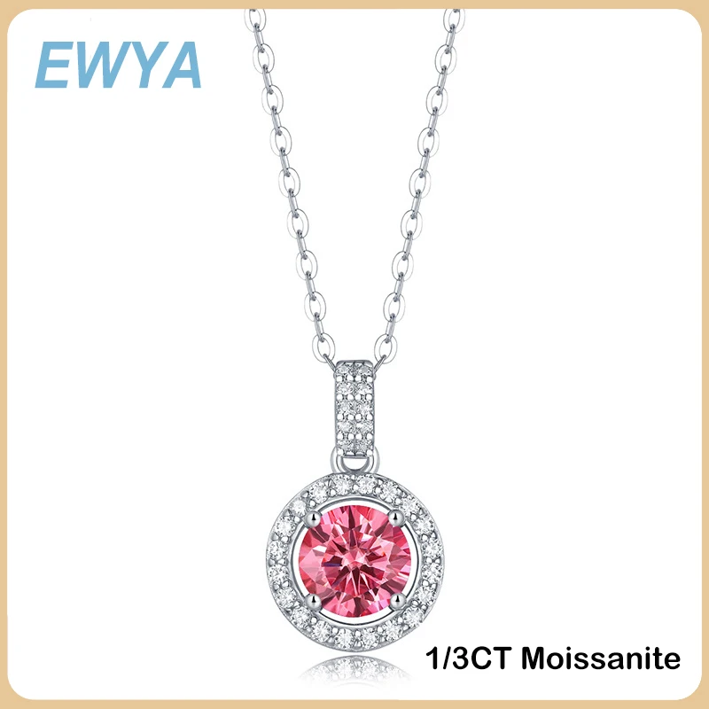 

EWYA Luxury Real 1/3ct Pink Moissanite Pendant Necklace for Women Party S925 Silver Yellow Diamond Chain Necklaces Fine Jewelry