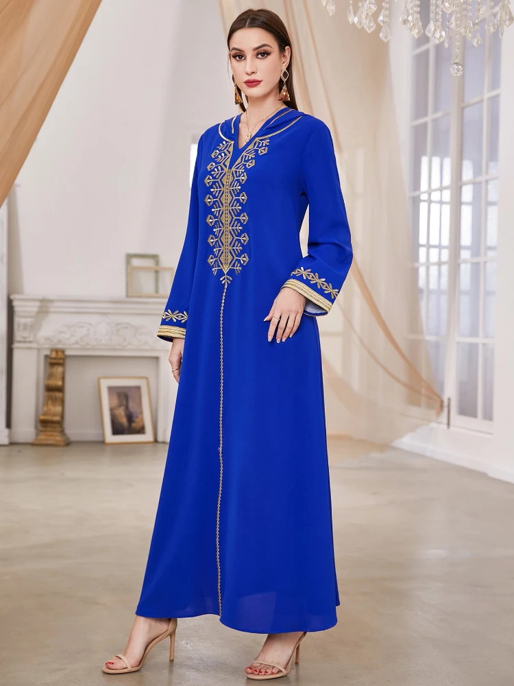 

New Summer Muslim Hooded Abaya Dress Morocco Long Dress Embroidery Women Long Sleeve Kimono Caftan Islamic Abayas Dresses 2022