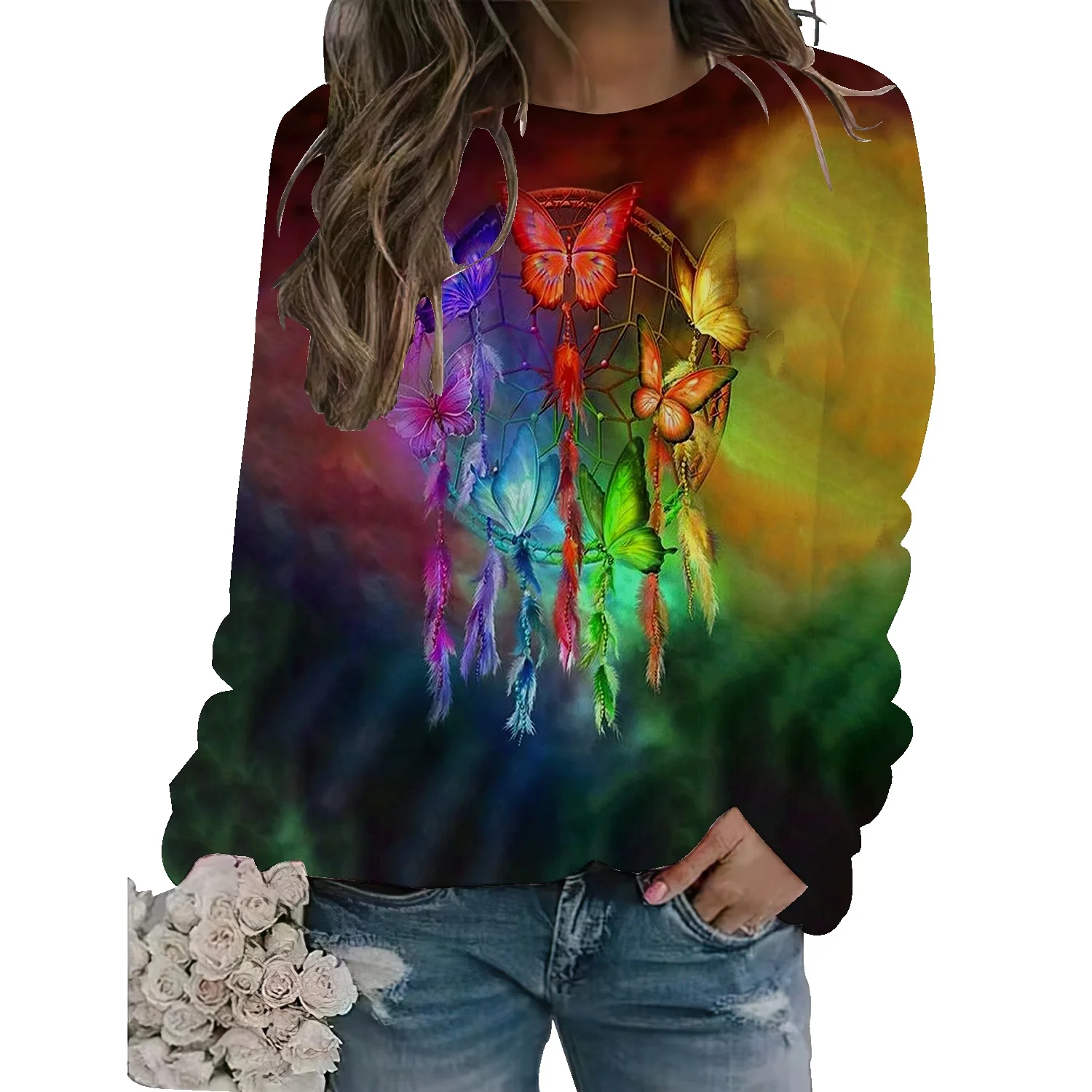 

2022 autumn and winter thick round neck sweater women's loose mid-length floral design top fashion trend clothing