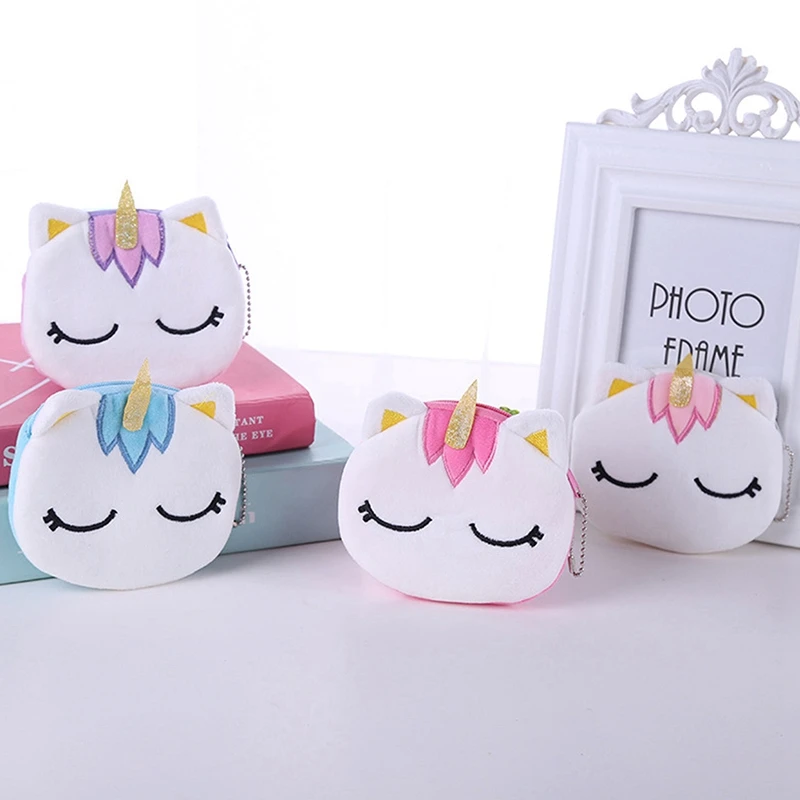 

Soft Plush Pink Unicorn Cartoon Women Coin Purse Mini Cute Oval Zipper Girl Coin Wallet USB Cable Headset Bag