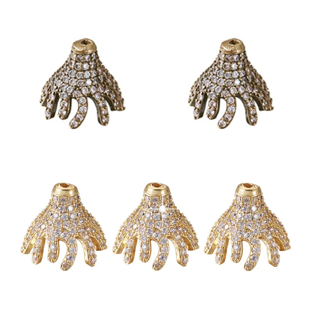 5pcs Brass Micro Pave Clear Cubic Zirconia Multi-Petal Bead Caps for DIY Jewelry Making Decor Accessories 12x10mm, Hole: 0.8mm