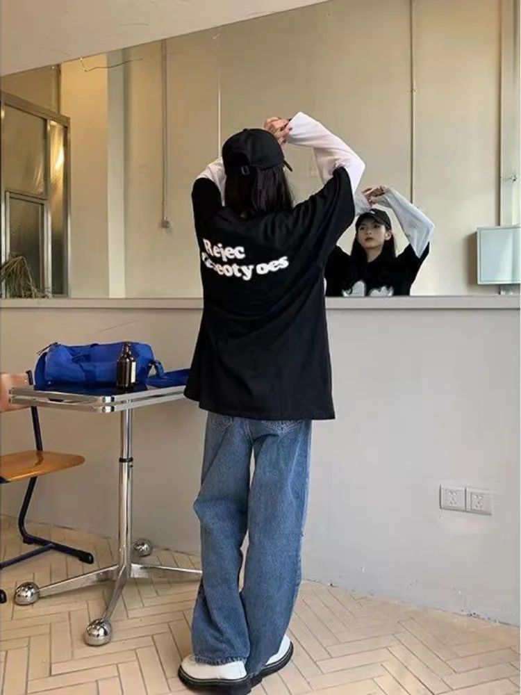 ADAgirl Blue Women Jeans Y2k Vintage Hearts Pattern Ripped Wide Leg Pants Streetwear Slouchy High Waist Female Denim Trousers