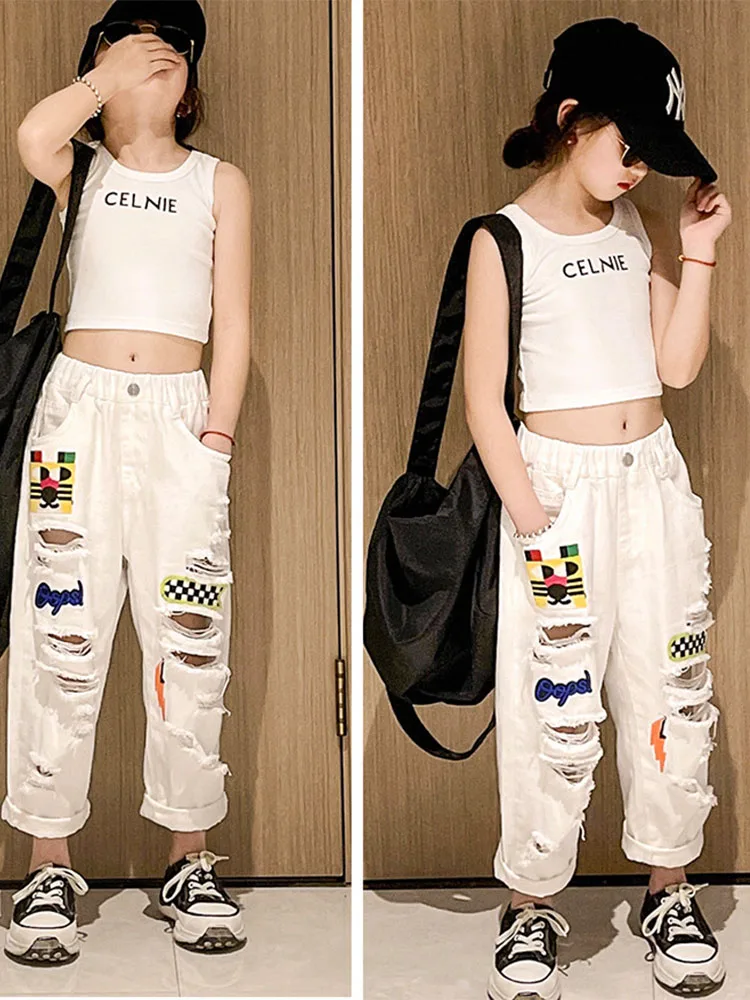 

Girls' White Ripped Casual Pants Spring and Summer Models In The Big Boy's Western Style In The Big Boy's All-match Jeans