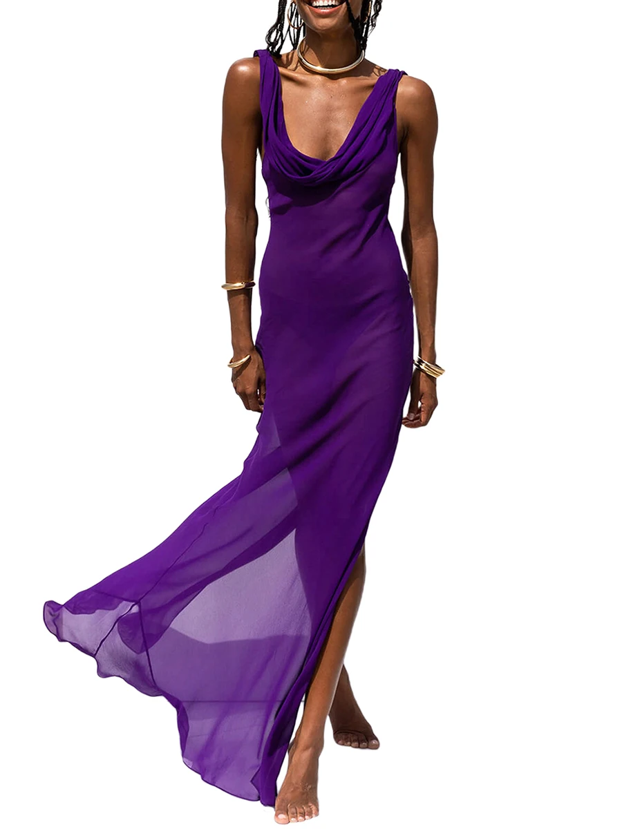 

Women See Through Bikini Cover Up Dress V Neck Sheer Mesh Side High Split Slit Swimsuit for Beachwear