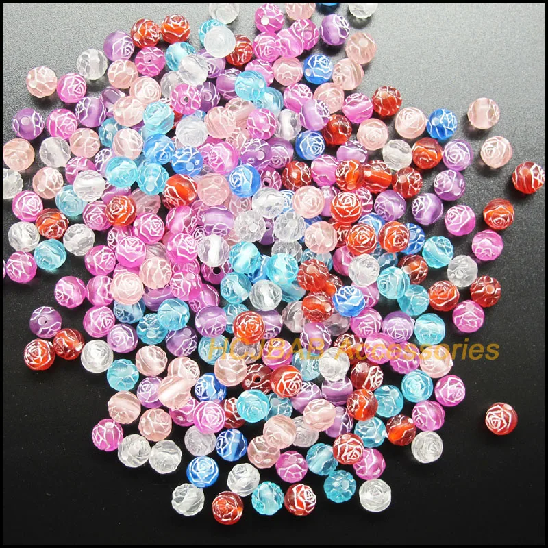 

120 New Round Rose Flower Acrylic Charms Spacer Relief Pinting Mixed Plastic Beads 6mm