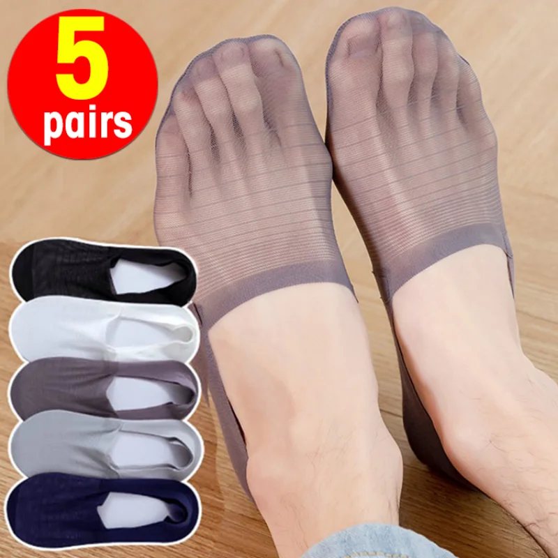 

5pairs Summer Men's Socks Invisible Nylon Transparent Mesh Non-Slip Breathable Elastic Ice Silk No Show Ice Silk Socks Sokken