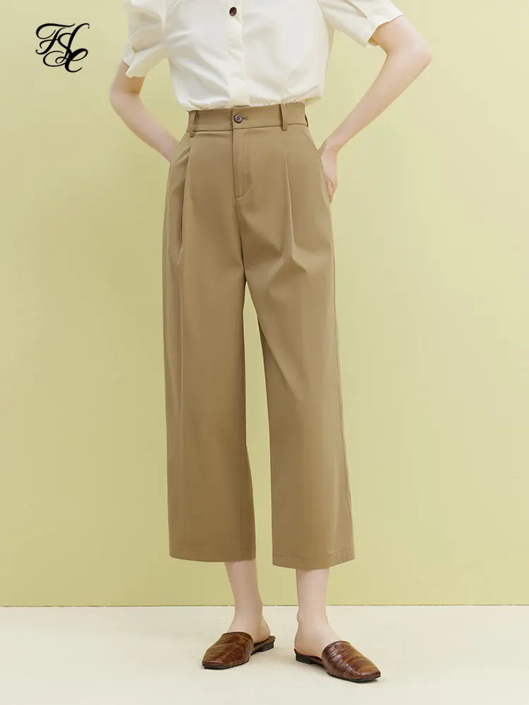 FSLE Casual Commuter Style Elastic High Waist Wide Leg Pants for Women Summer Newly Thin Section Loose Eighth-points Pant Female
