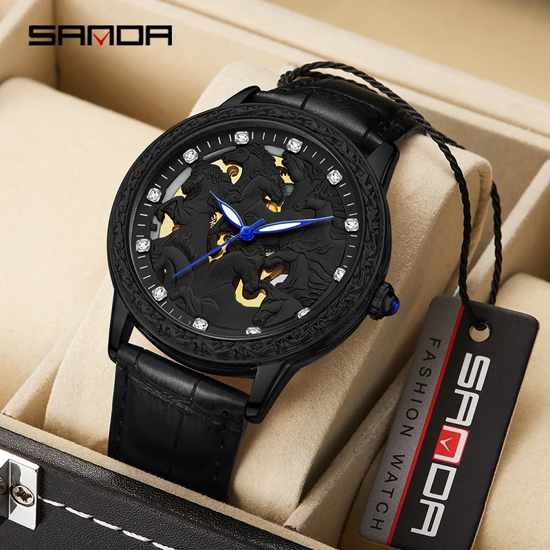

SANDA Luxury Tourbillon Men Watches Leather Automatic Mechanical Wristwatch Skeleton Waterproof Male Watch Relojtch Reloj Hombre