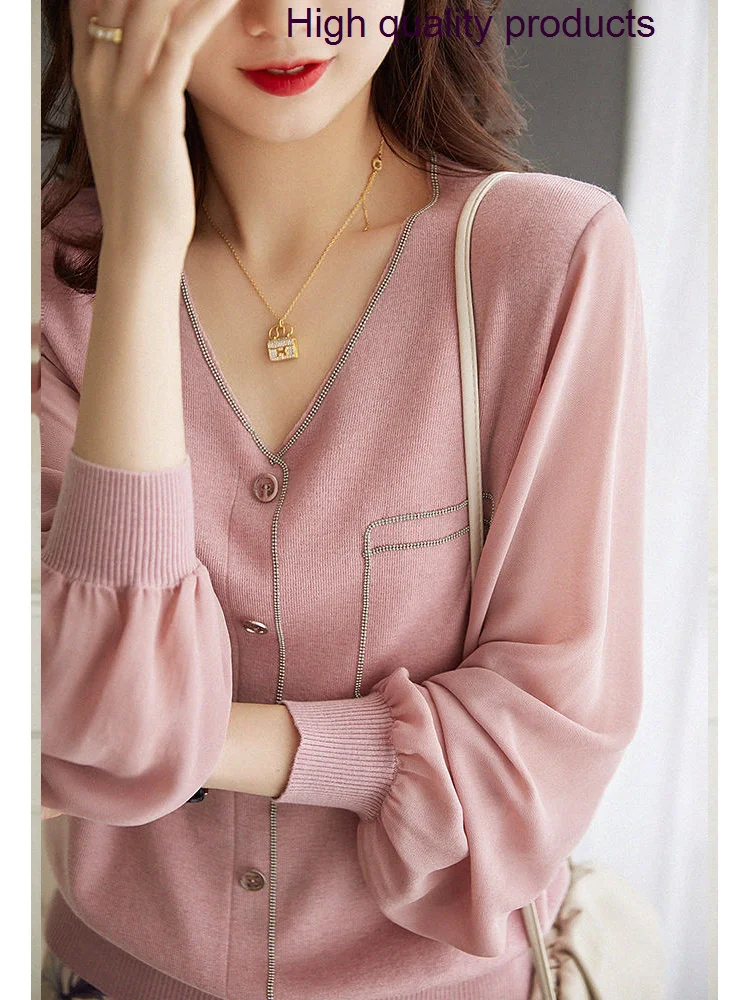 

Spring 2024 Women's New Fashion Simply Style Sweater Solid Long sleeved V-neck Drop Shoulder Female Knitted Coat Cardigan