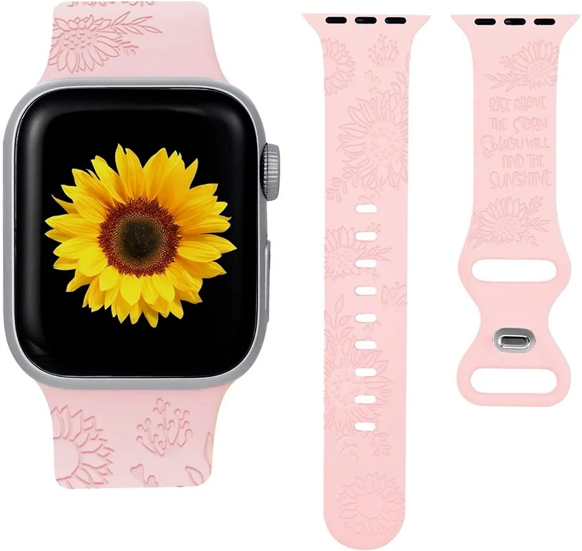 

Ремешок с гравировкой подсолнуха для Apple Watch Band 38 мм 40 мм 41 мм, уникальный браслет для iWatch Series 7 6 5 4 3 2 1 SE, для мужчин и женщин