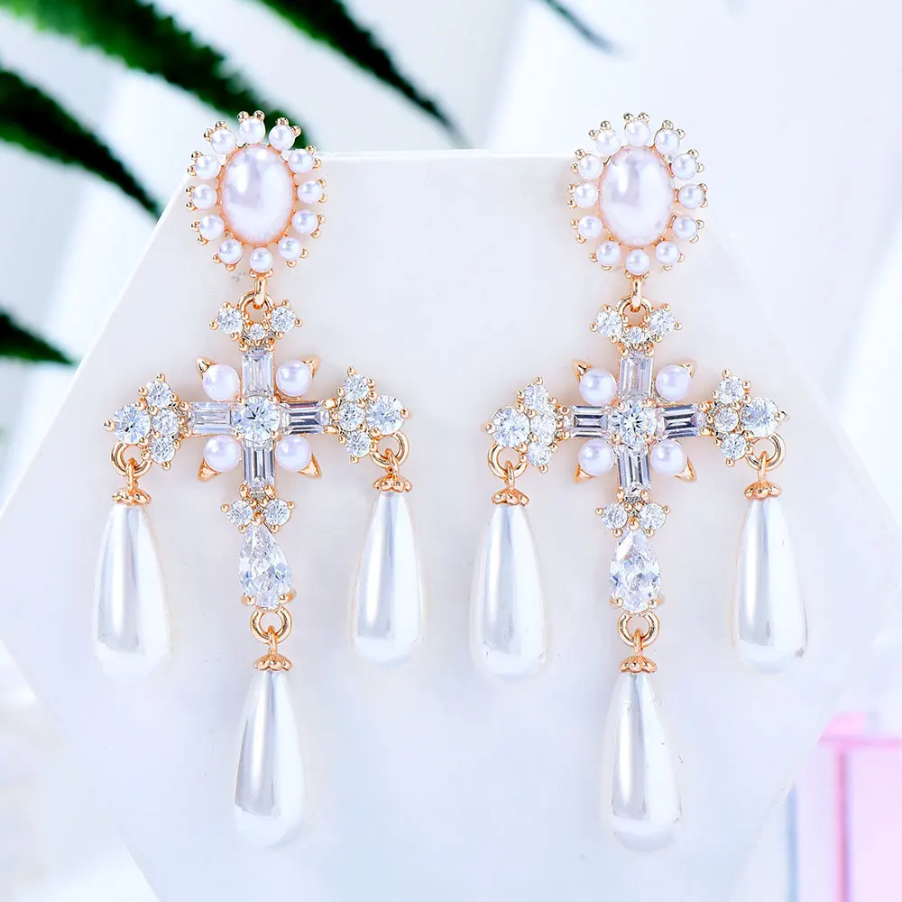 

Kellybola Trendy Cross Pearls Pendant Earring for Women Original Boucle d'oreille Femme 2022 Full Austrian crystal Party Jewelry