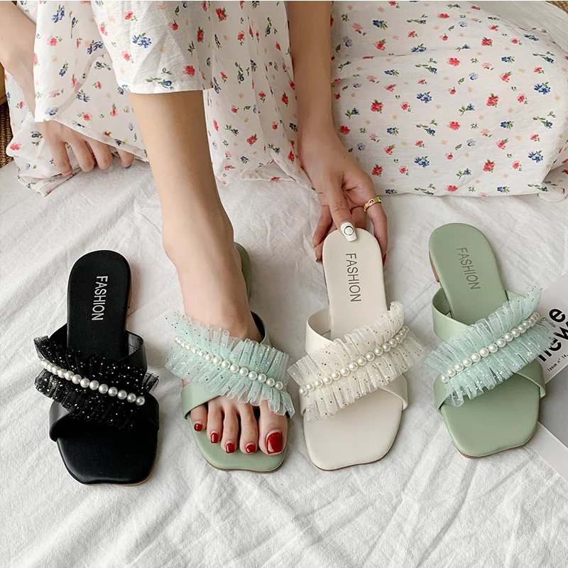 

Square Toe Shoes Slippers Casual Shallow Slides Low Slipers Women Luxury Flat 2022 Cotton Fabric PU Scandals Basic Rubber